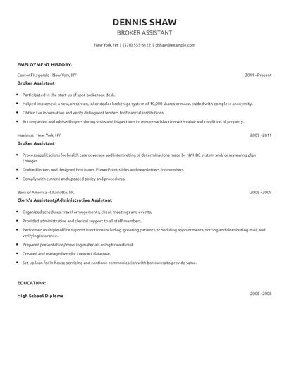 Broker Assistant Resume
