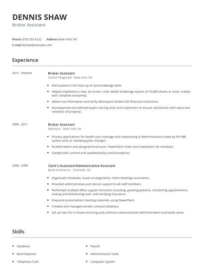 Broker Assistant Resume