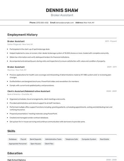 Broker Assistant Resume