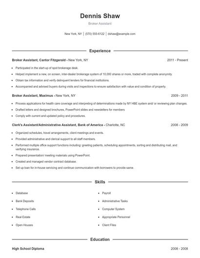 Broker Assistant Resume