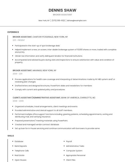 Broker Assistant Resume