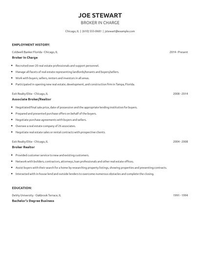 Broker In Charge Resume