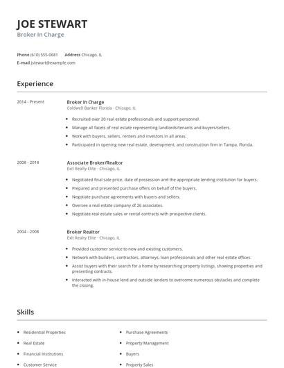 Broker In Charge Resume