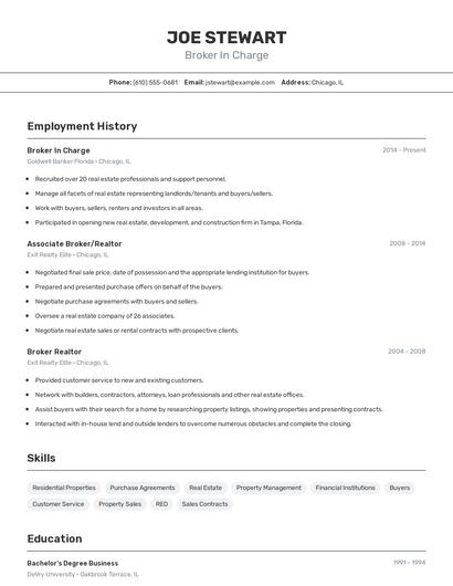 Broker In Charge Resume