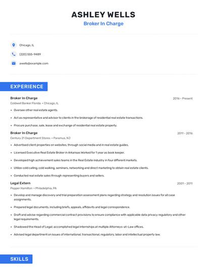 Broker In Charge Resume