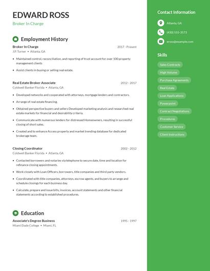 Broker In Charge Resume
