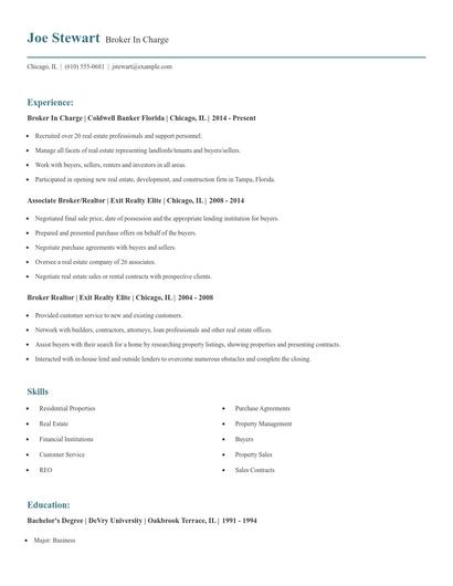 Broker In Charge Resume