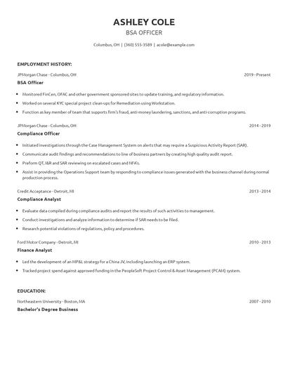BSA Officer Resume
