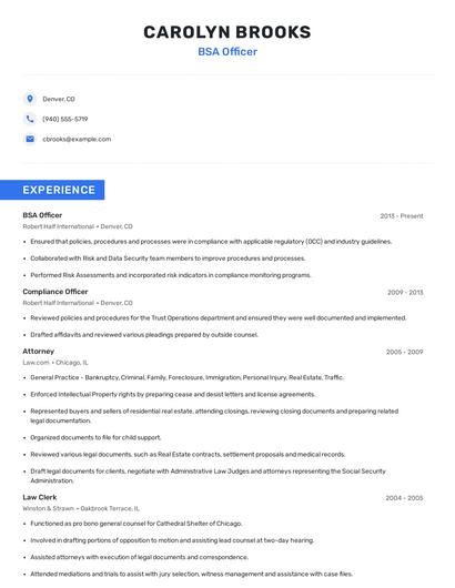 BSA Officer Resume