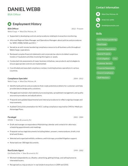 BSA Officer Resume