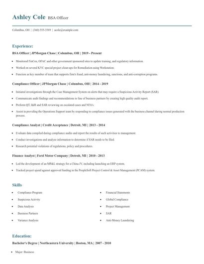 BSA Officer Resume