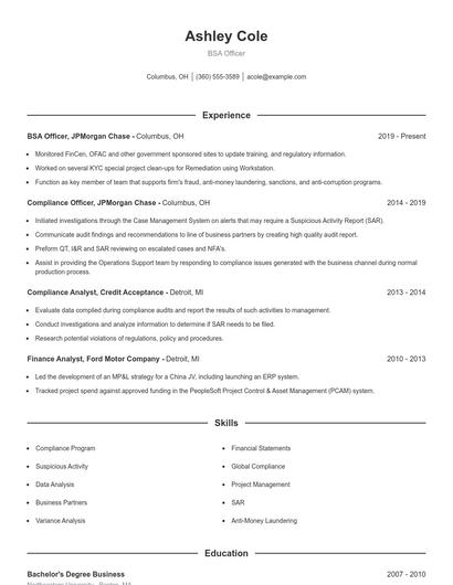 BSA Officer Resume