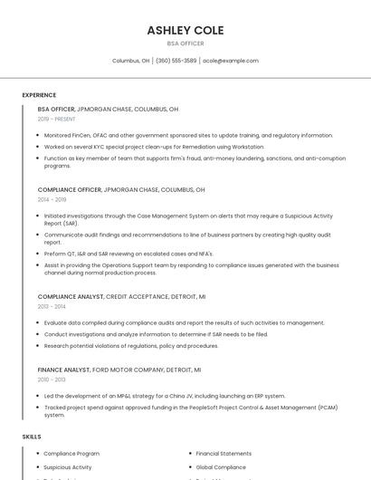 BSA Officer Resume