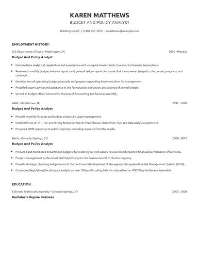 Budget And Policy Analyst Resume