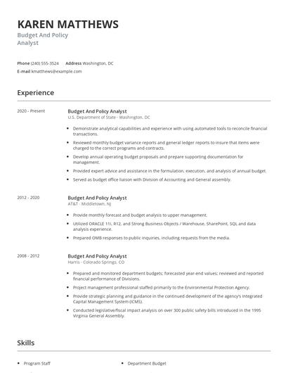 Budget And Policy Analyst Resume