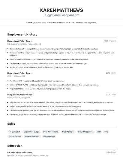 Budget And Policy Analyst Resume