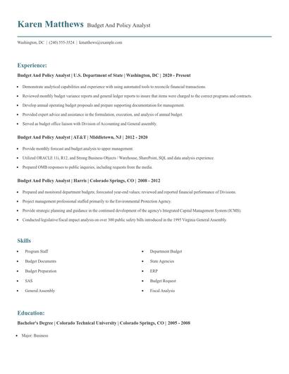 Budget And Policy Analyst Resume