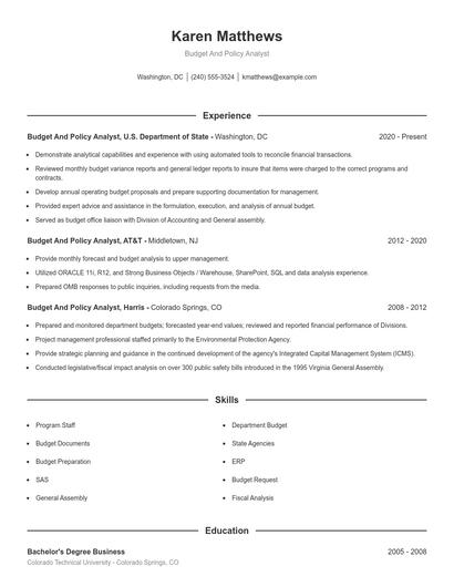 Budget And Policy Analyst Resume