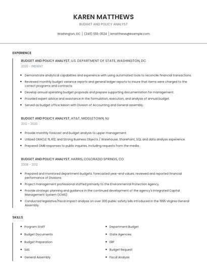 Budget And Policy Analyst Resume