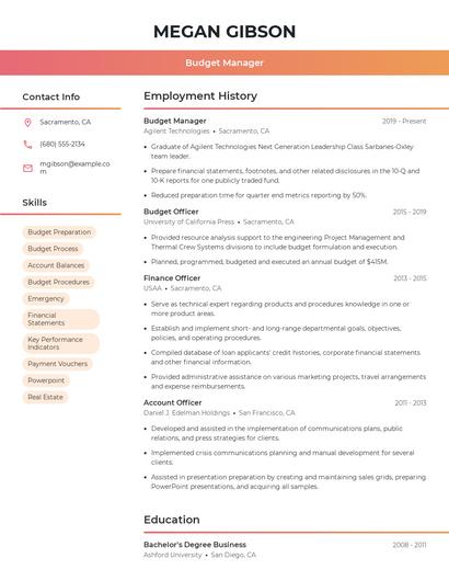 Budget Manager Resume