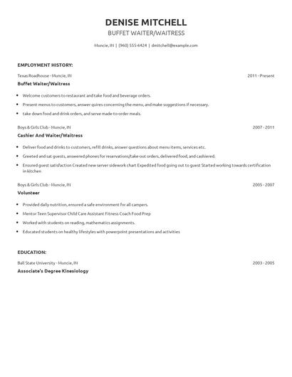 Buffet Waiter/Waitress Resume