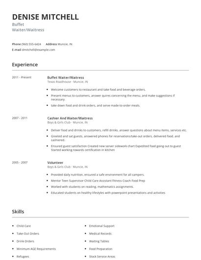Buffet Waiter/Waitress Resume