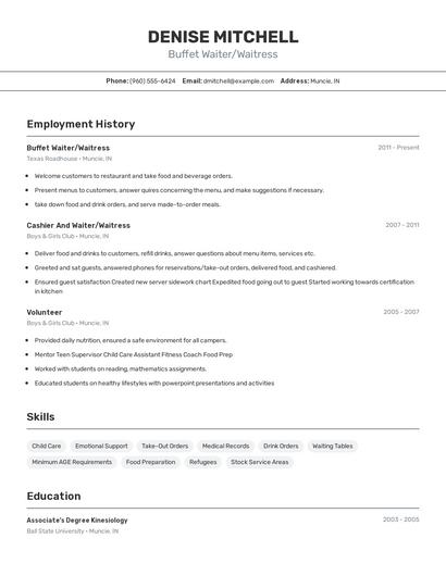 Buffet Waiter/Waitress Resume