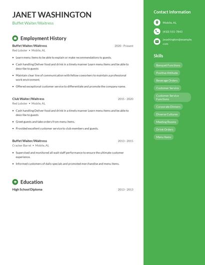 Buffet Waiter/Waitress Resume