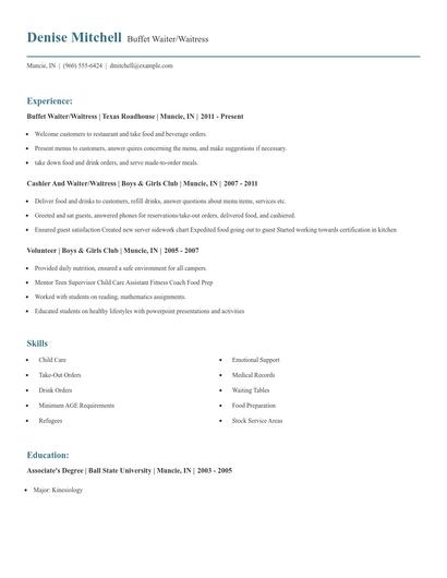 Buffet Waiter/Waitress Resume