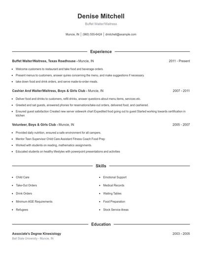 Buffet Waiter/Waitress Resume