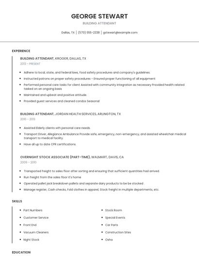 Building Attendant Resume