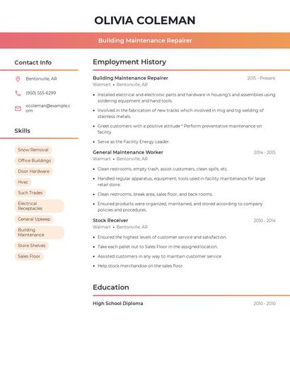 Building Maintenance Repairer Resume