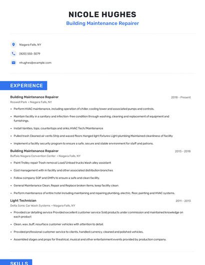 Building Maintenance Repairer Resume