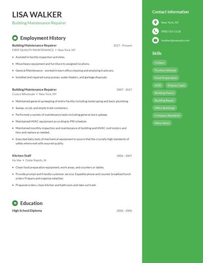 Building Maintenance Repairer Resume