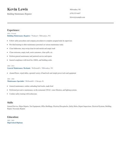 Building Maintenance Repairer Resume