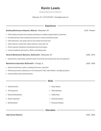 Building Maintenance Repairer Resume