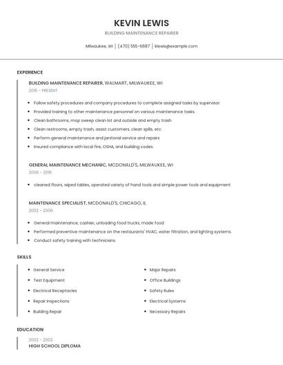 Building Maintenance Repairer Resume
