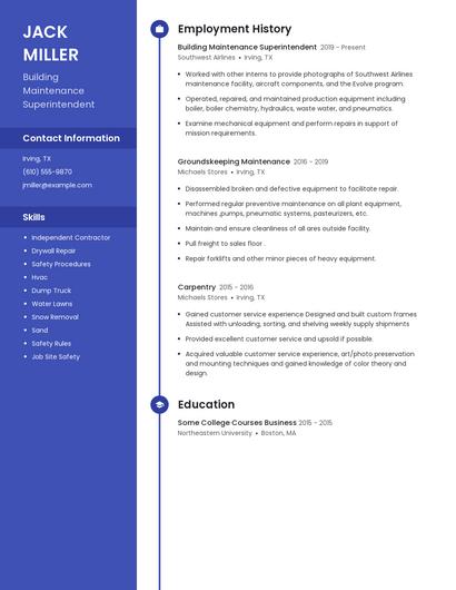 Building Maintenance Superintendent Resume