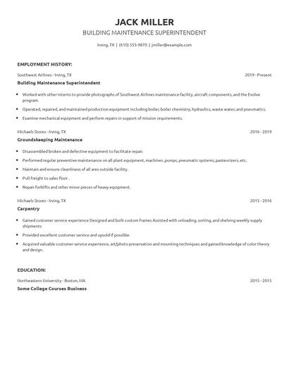 Building Maintenance Superintendent Resume