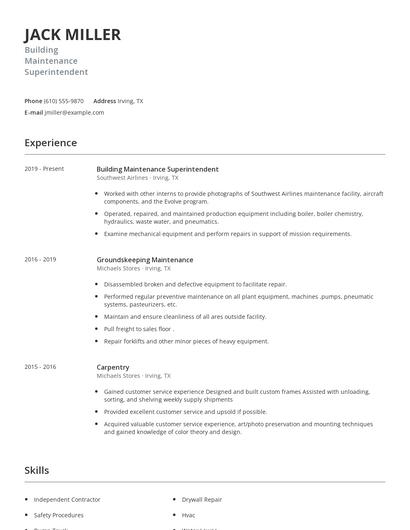 Building Maintenance Superintendent Resume