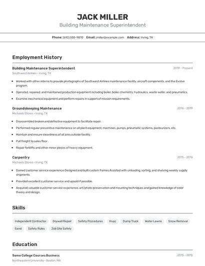Building Maintenance Superintendent Resume