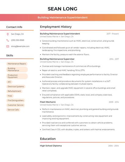 Building Maintenance Superintendent Resume
