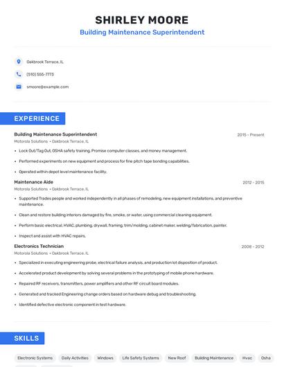 Building Maintenance Superintendent Resume