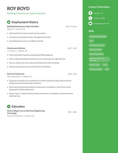 Building Maintenance Superintendent Resume