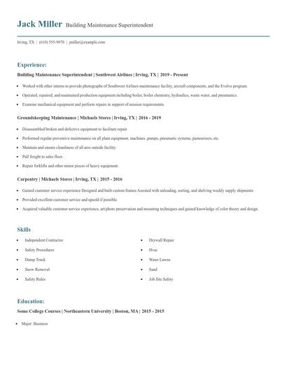 Building Maintenance Superintendent Resume
