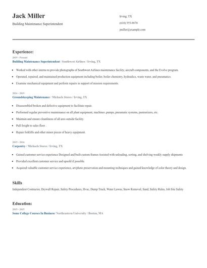 Building Maintenance Superintendent Resume
