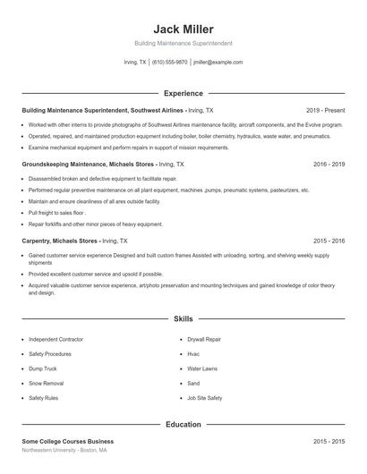 Building Maintenance Superintendent Resume