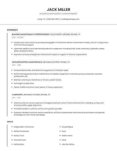 Building Maintenance Superintendent Resume