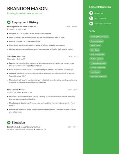 Building Materials Sales Attendant Resume