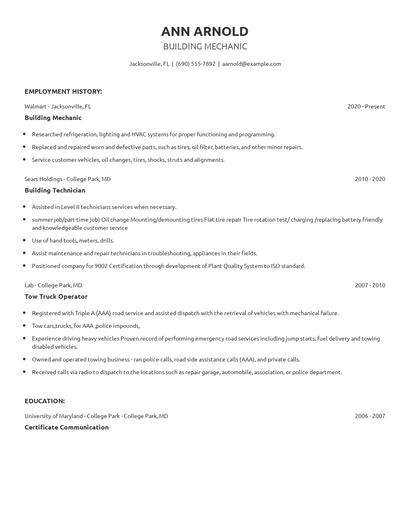 Building Mechanic Resume